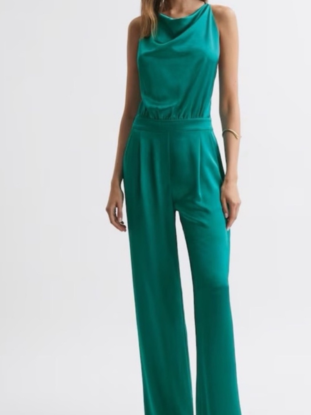 Reiss Teal Sleeveless Draped-Neck Wide-Leg Jumpsuit
